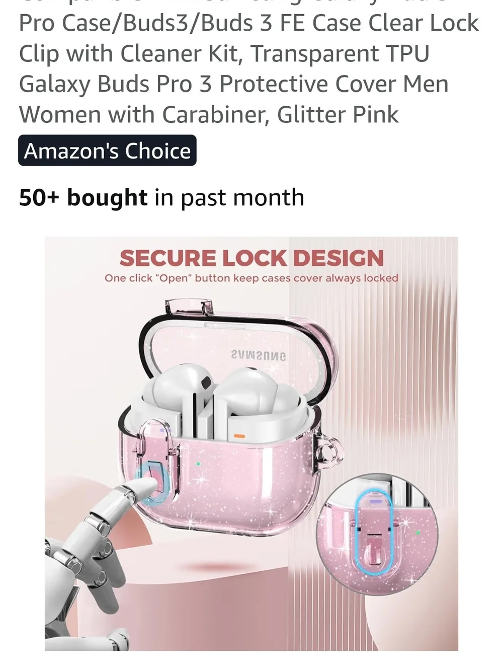 Samsung Galaxy Buds Pro 3 Pink Earbuds Case w/Carabiner-Compact Protective Cover